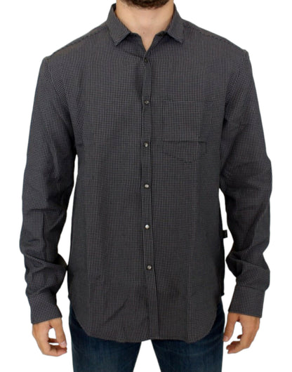 Camisa elegante informal de mezcla de lino a cuadros en gris