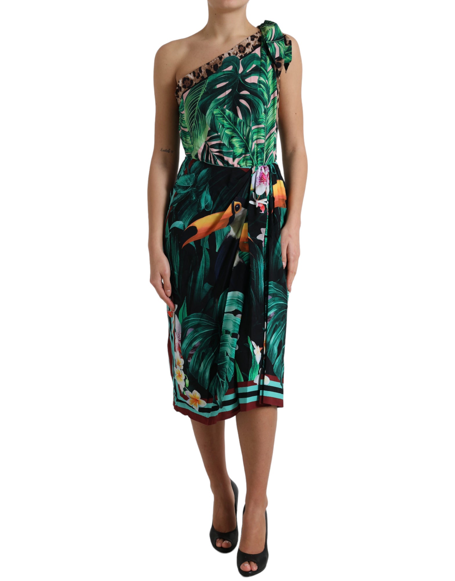 Vestido de un solo hombro con estampado de selva tropical