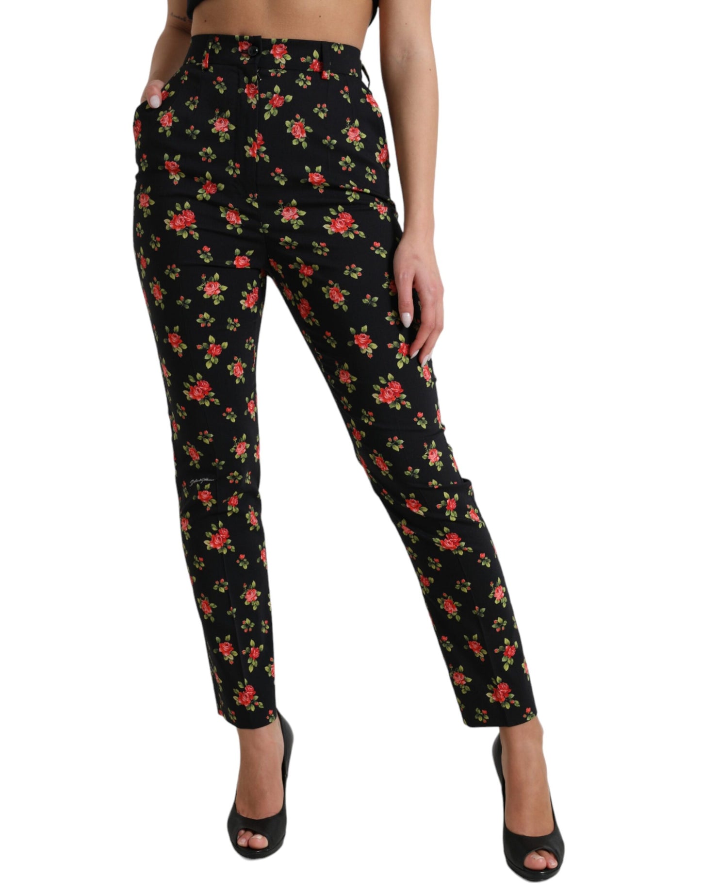 Pantalones elegantes de talle alto con diseño floral y corte cónico