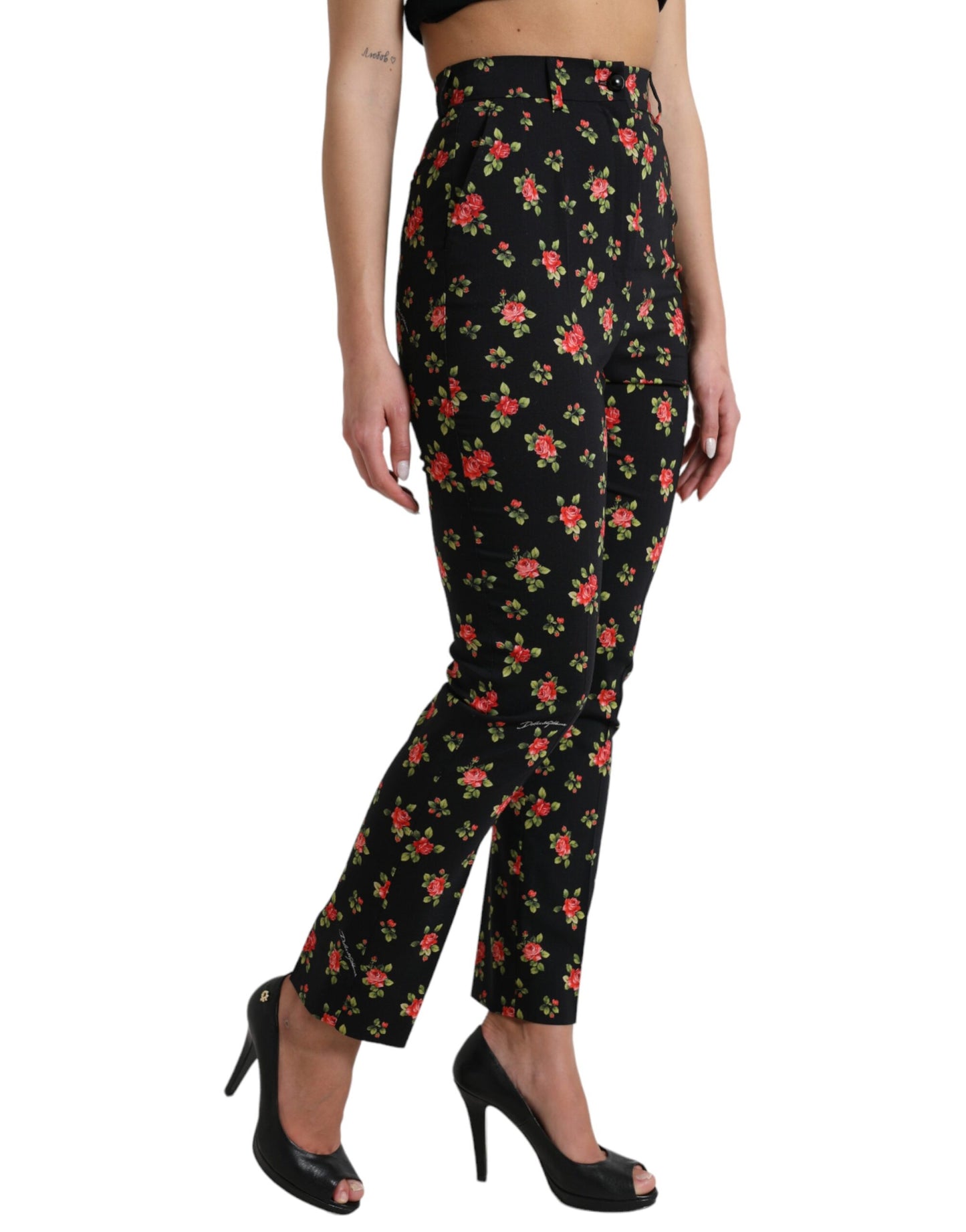 Pantalones elegantes de talle alto con diseño floral y corte cónico