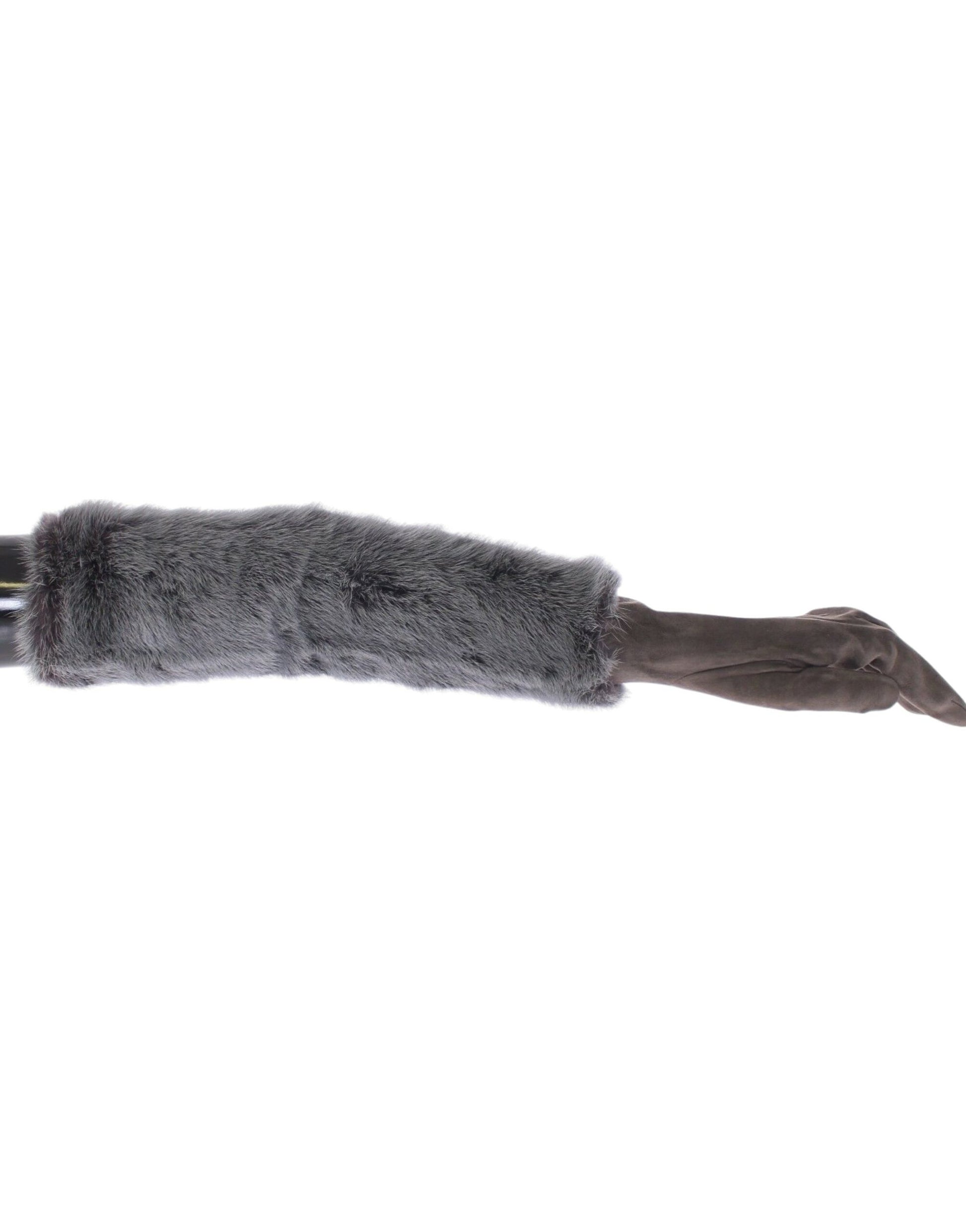 Elegant Gray Mink Fur Leather Elbow Gloves