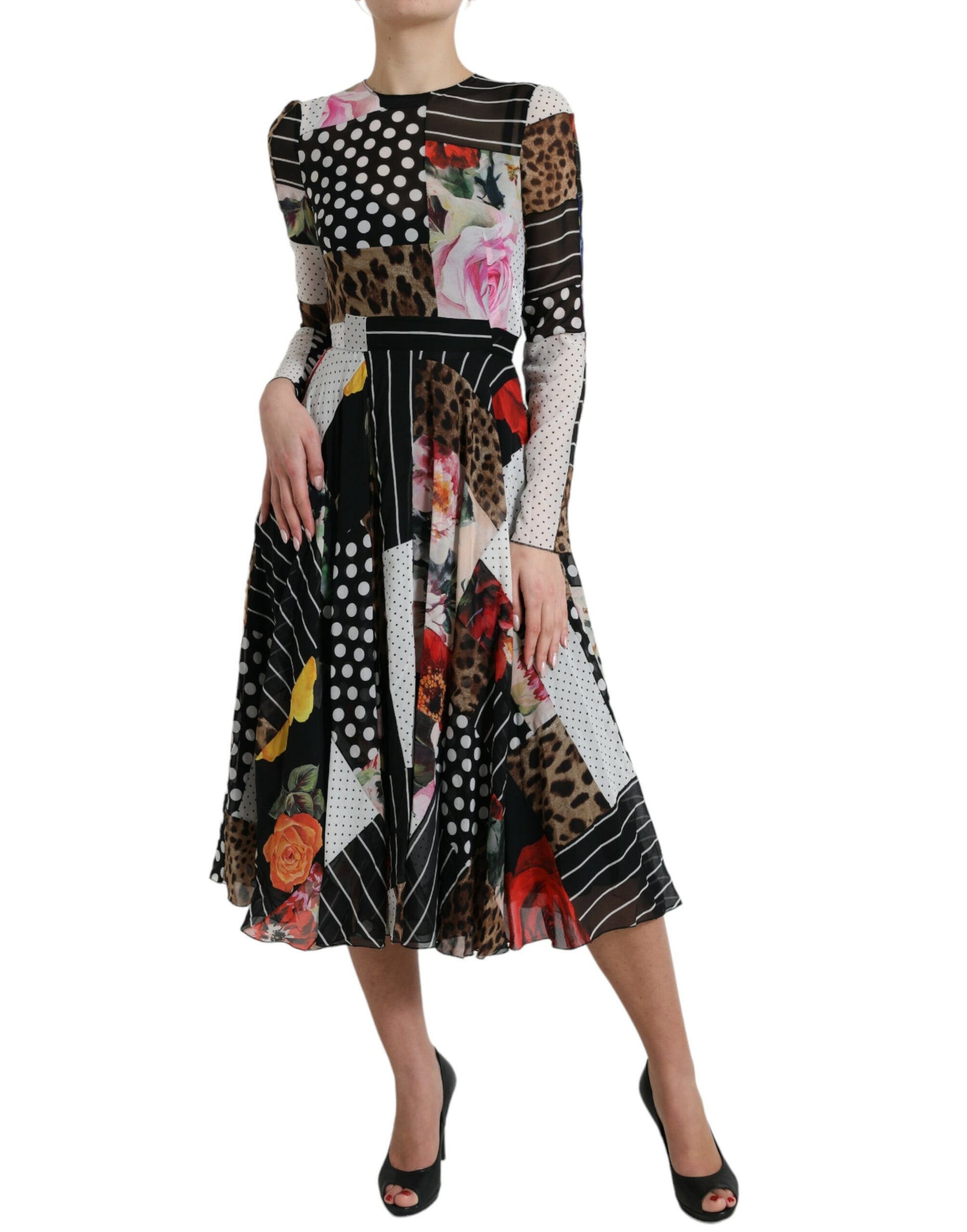 Elegante vestido midi de seda con patchwork y corte en A