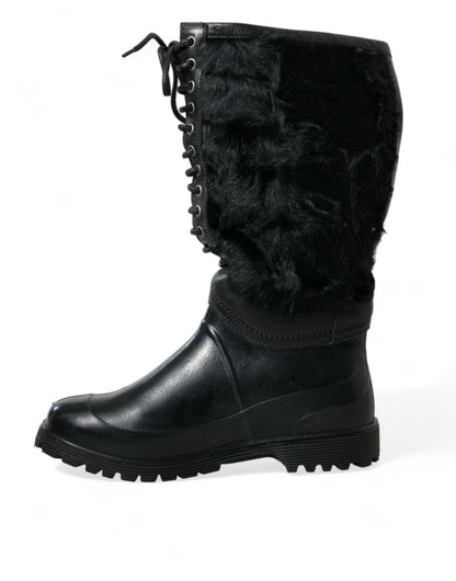 Sleek Black Shearling Mid Calf Boots