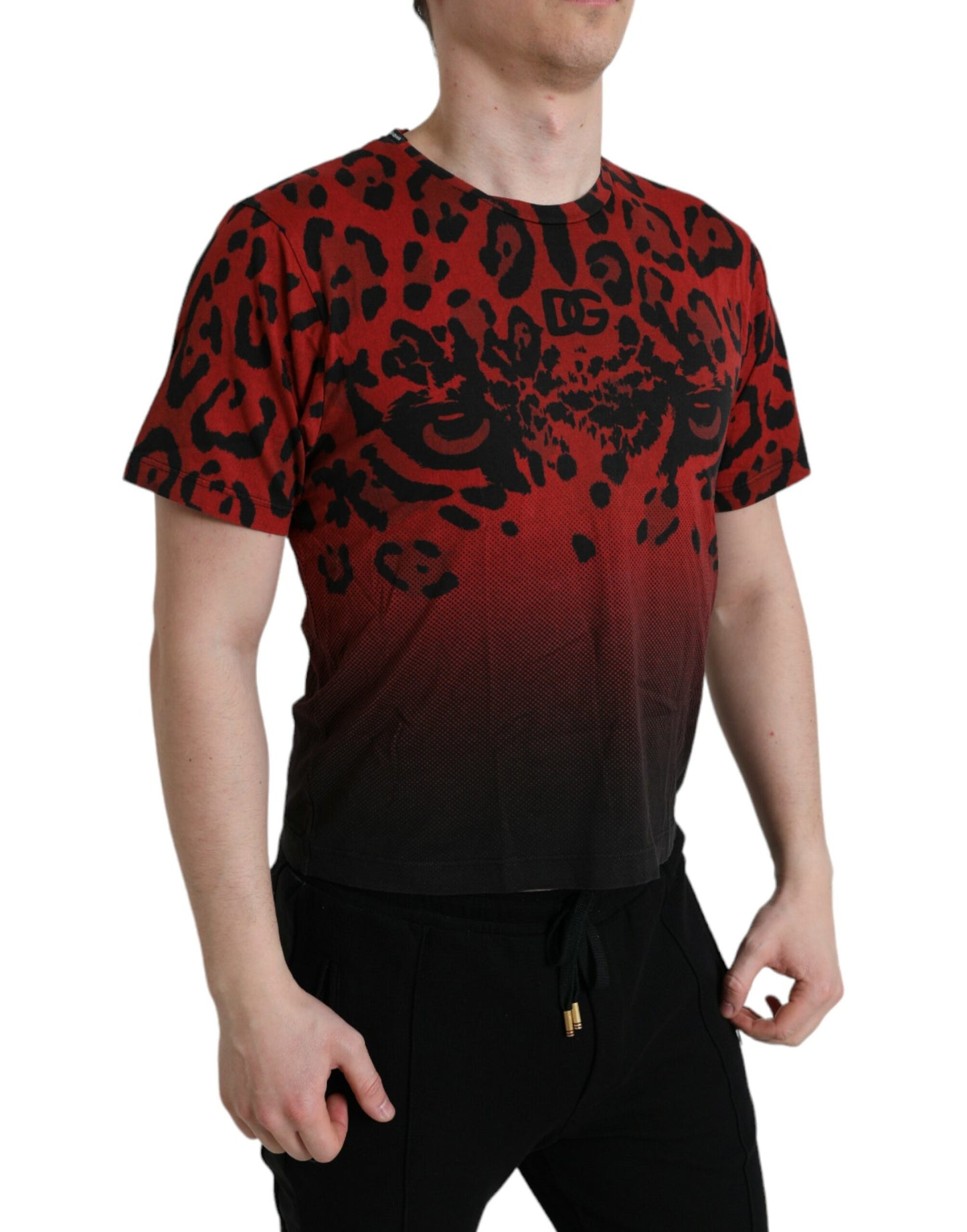 Rotes Rundhals-T-Shirt mit Leopardenmuster