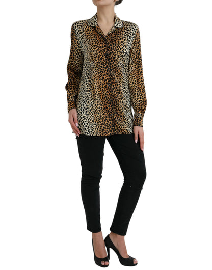 Elegante blusa de seda con estampado animal en color marrón