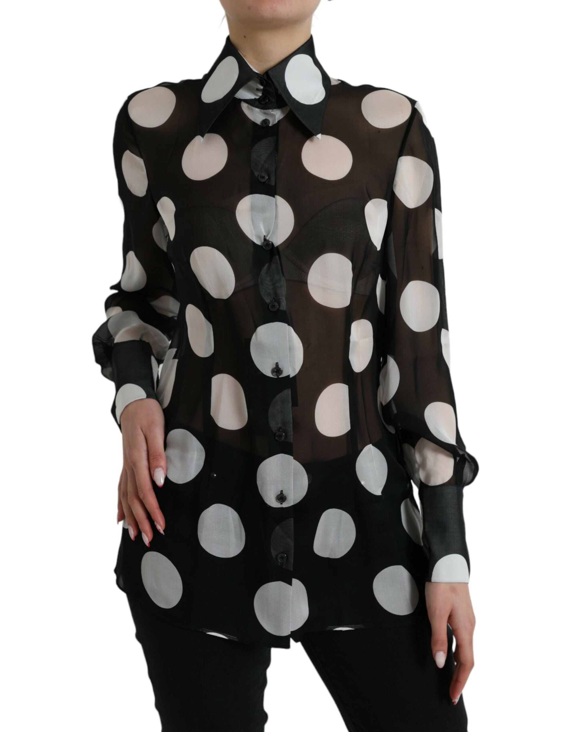 Silk Collared Button-Up Blouse in Black & White