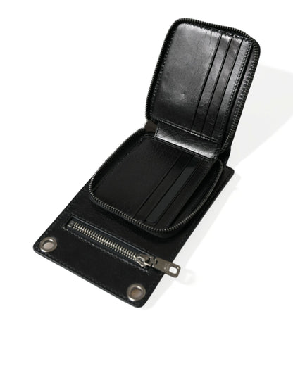 Black Calf Leather Zip Logo Shoulder Neck Strap Wallet