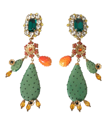 Green Cactus Crystal Clip On Jewelry Dangling Earrings