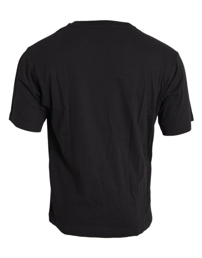 Schwarzes Rundhals-T-Shirt aus Baumwolle mit bedruckter Tasche