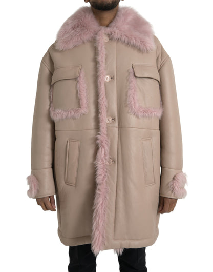 Beige-rosa Lammleder-Shearling-Manteljacke