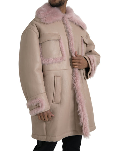 Beige-rosa Lammleder-Shearling-Manteljacke