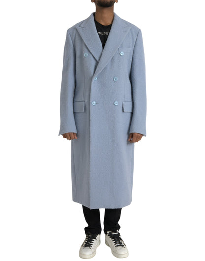 Blaue, zweireihige, lange Trenchcoat-Jacke