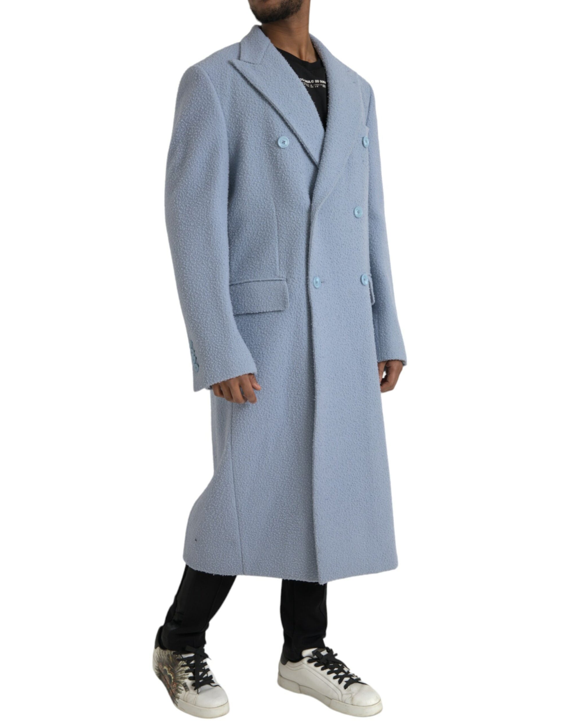 Blaue, zweireihige, lange Trenchcoat-Jacke