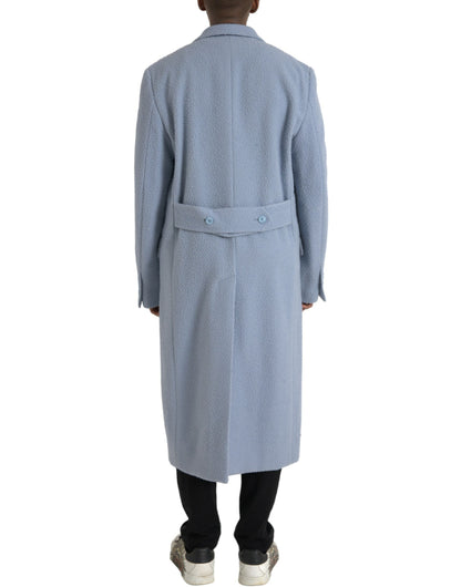 Blaue, zweireihige, lange Trenchcoat-Jacke