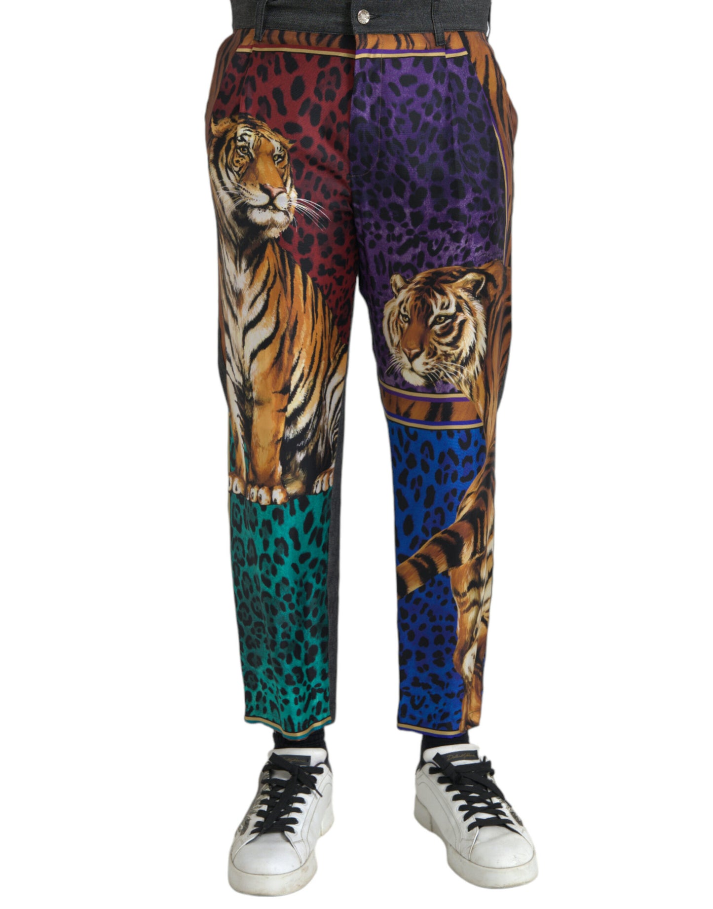 Pantalones cónicos holgados de algodón con estampado de leopardo y tigre multicolor