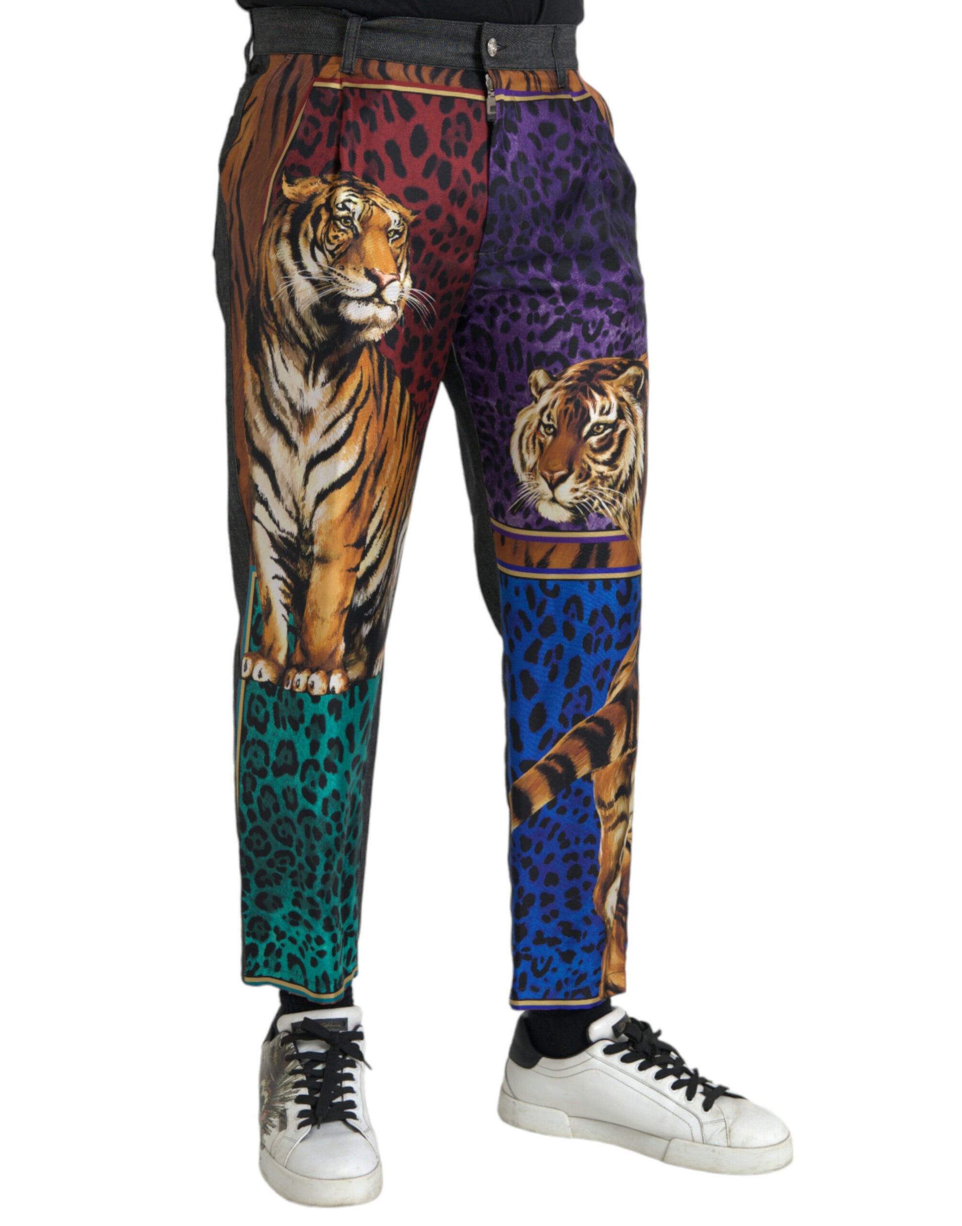 Pantalones cónicos holgados de algodón con estampado de leopardo y tigre multicolor