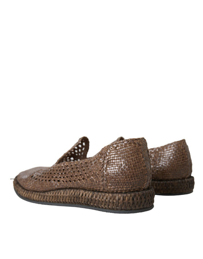 Brown Woven Leather Loafers Casual Shoes