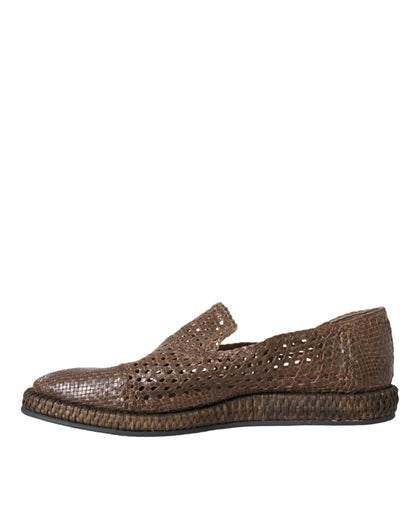 Brown Woven Leather Loafers Casual Shoes