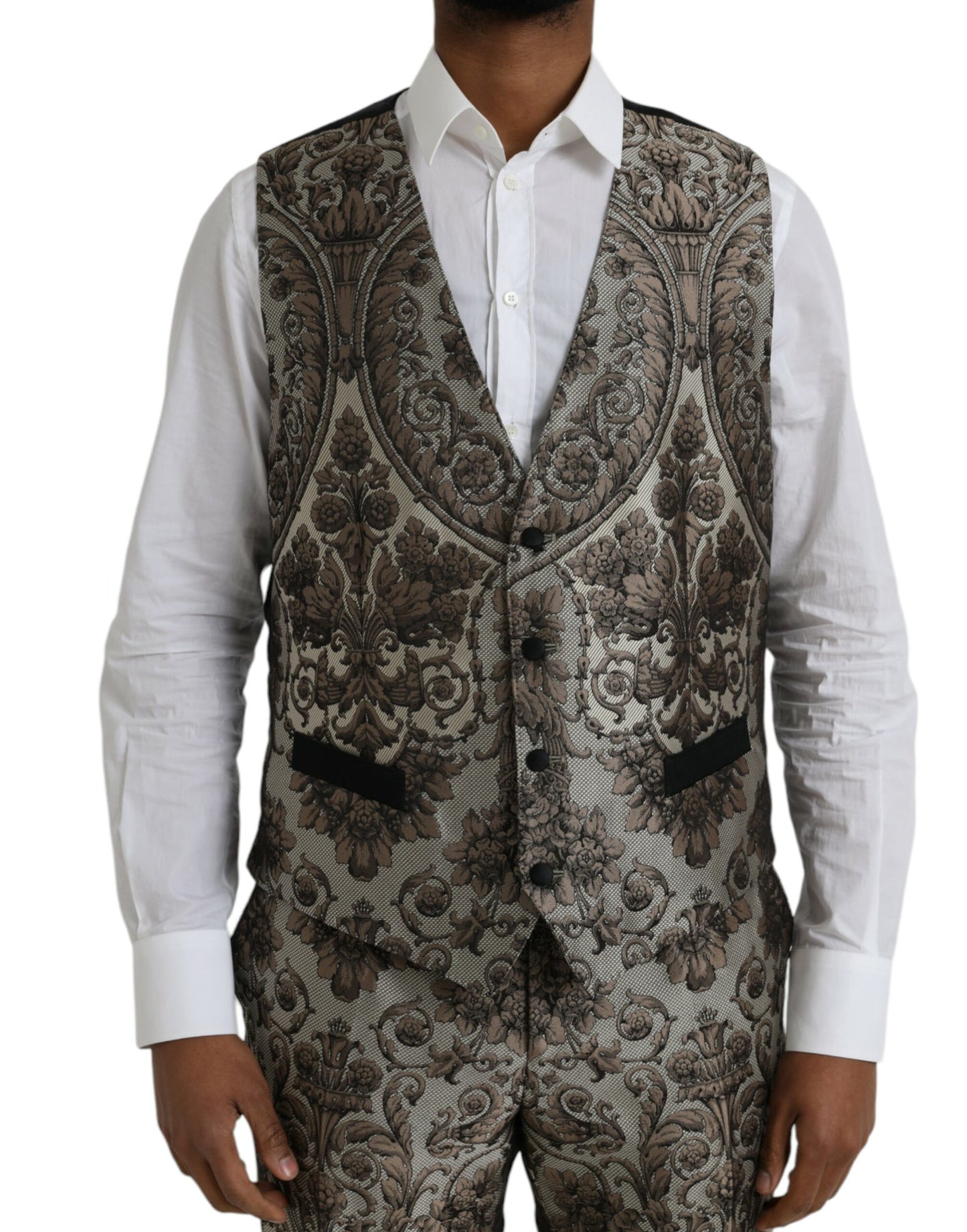 Brown Floral Jacquard Formal 3 Piece Suit