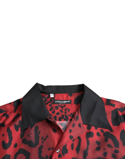 Red Leopard Silk Button Down Casual Shirt