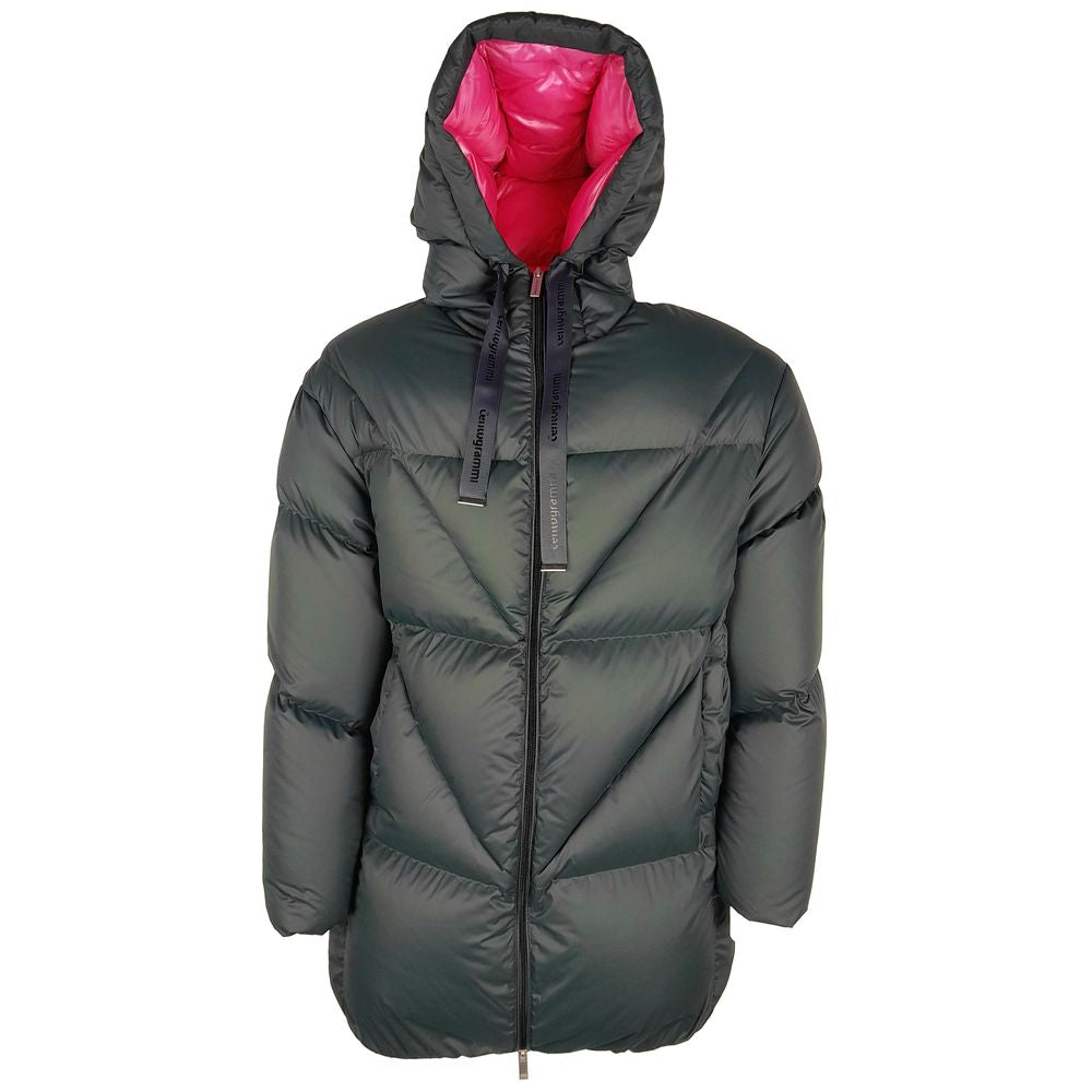 Elegant Fuchsia-Lined Grey Down Duvet Jacket