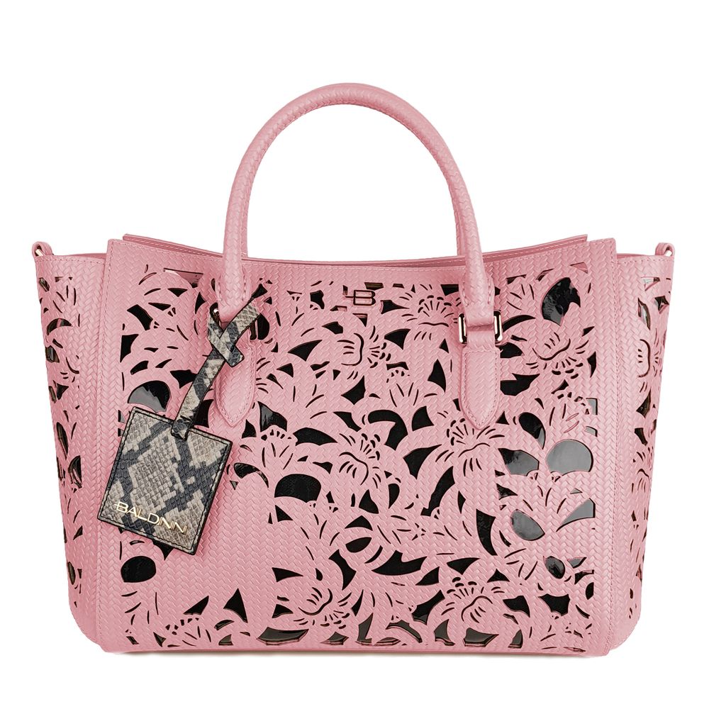 Elegante bolso de mano de piel de becerro rosa con detalles florales