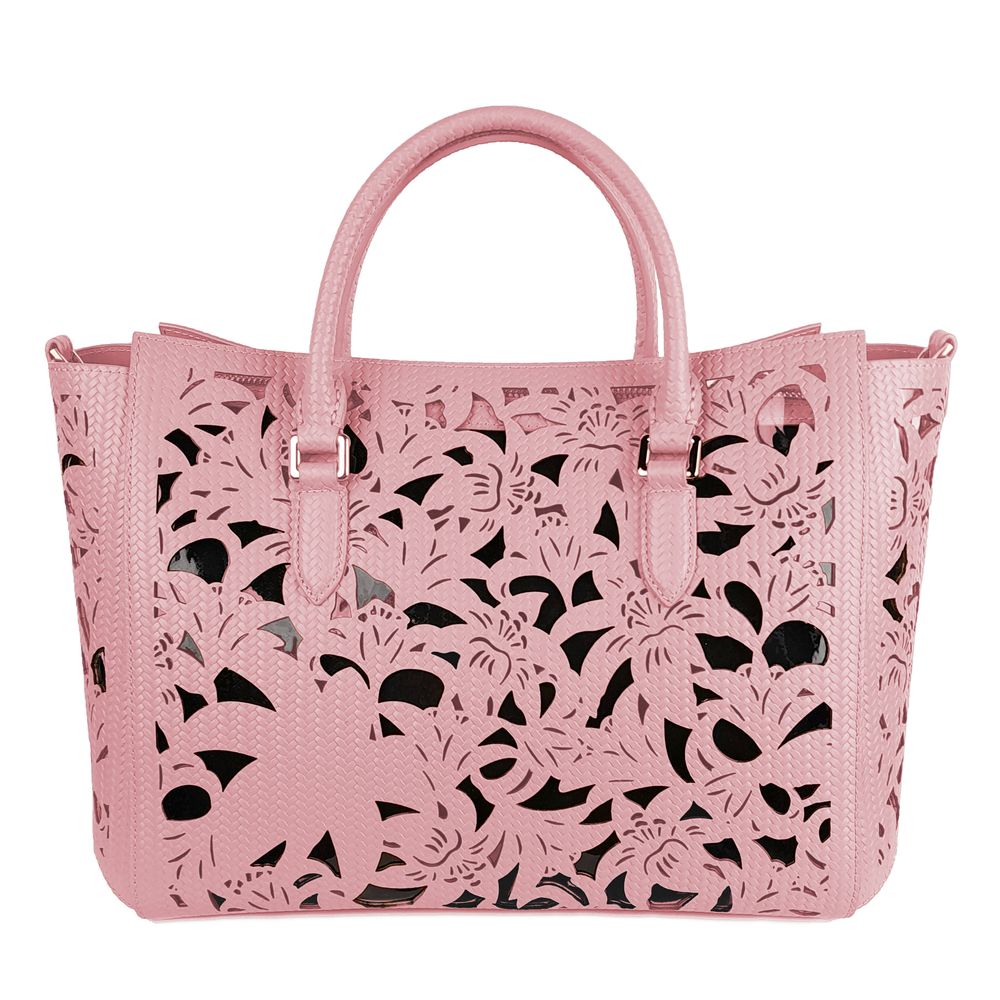 Elegante bolso de mano de piel de becerro rosa con detalles florales