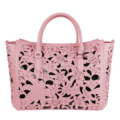 Elegante bolso de mano de piel de becerro rosa con detalles florales