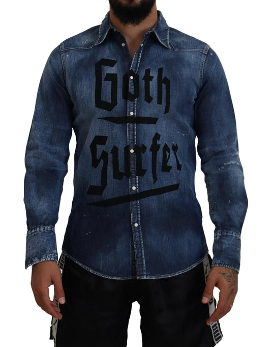 Blaues gewaschenes Jeanshemd für Herren im Goth-Surfer-Print