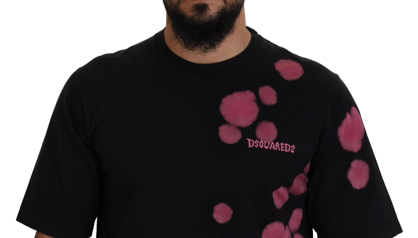 Camiseta de algodón de manga corta y cuello redondo en color negro y rosa