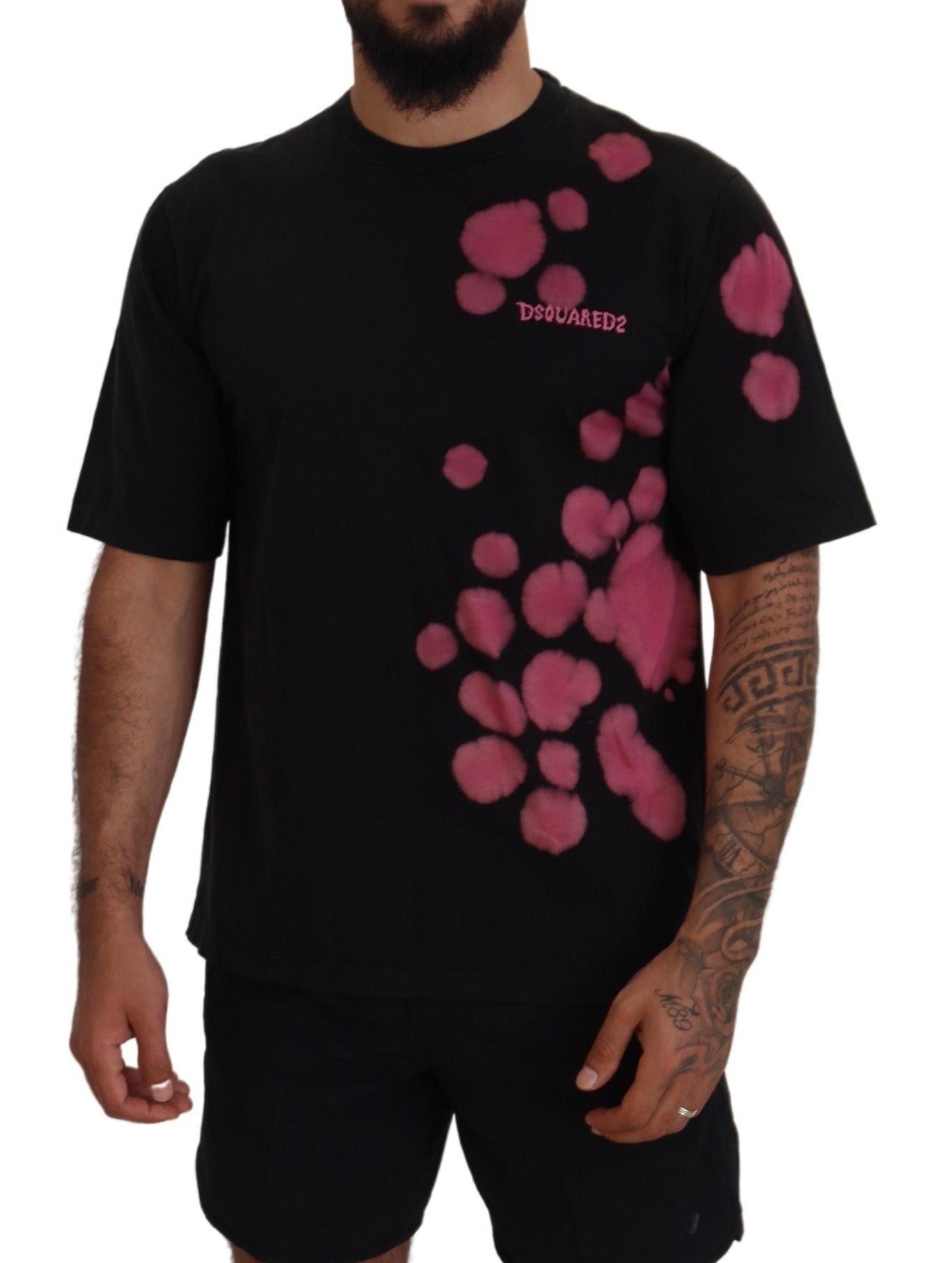 Camiseta de algodón de manga corta y cuello redondo en color negro y rosa