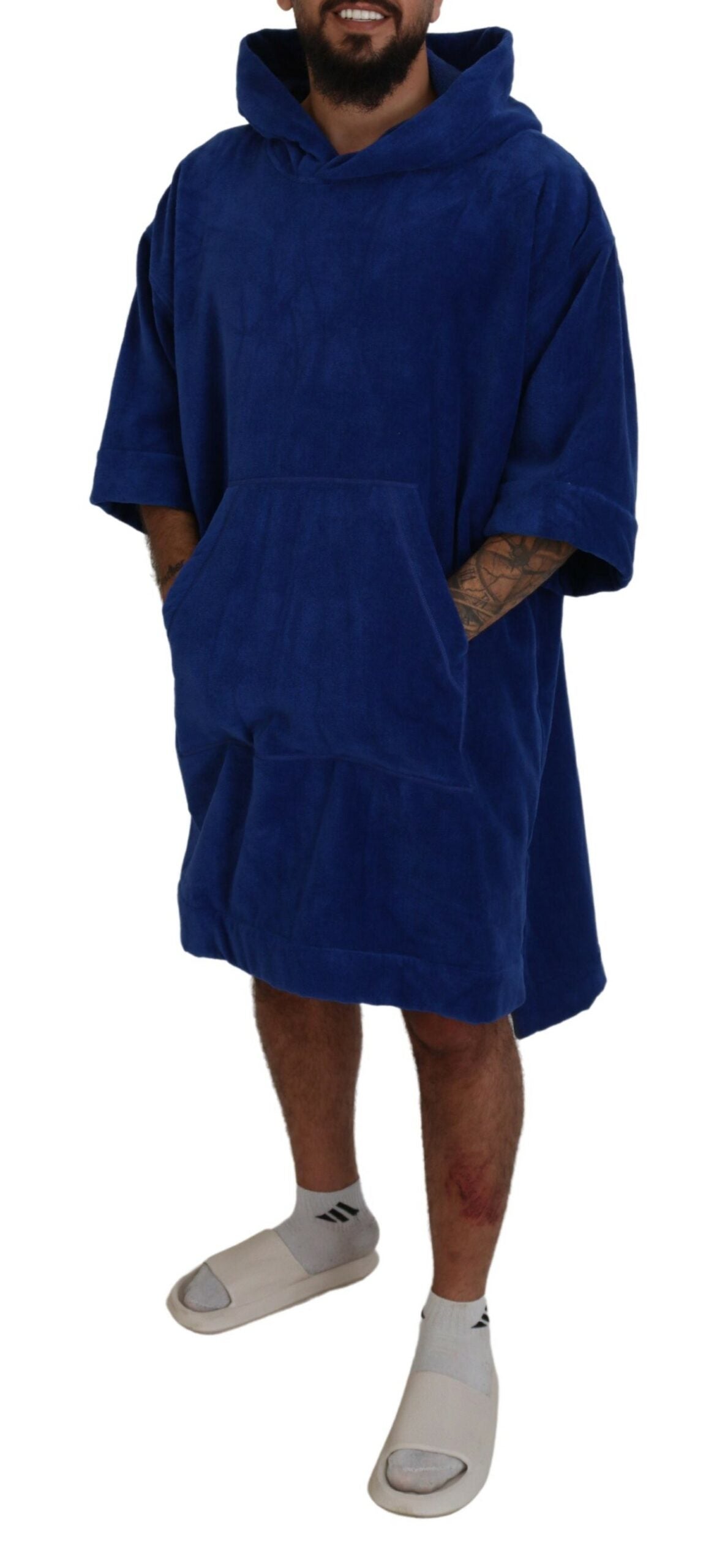 Blauer Poncho für Herren mit Kapuze, Strandmode, Umkleidemantel