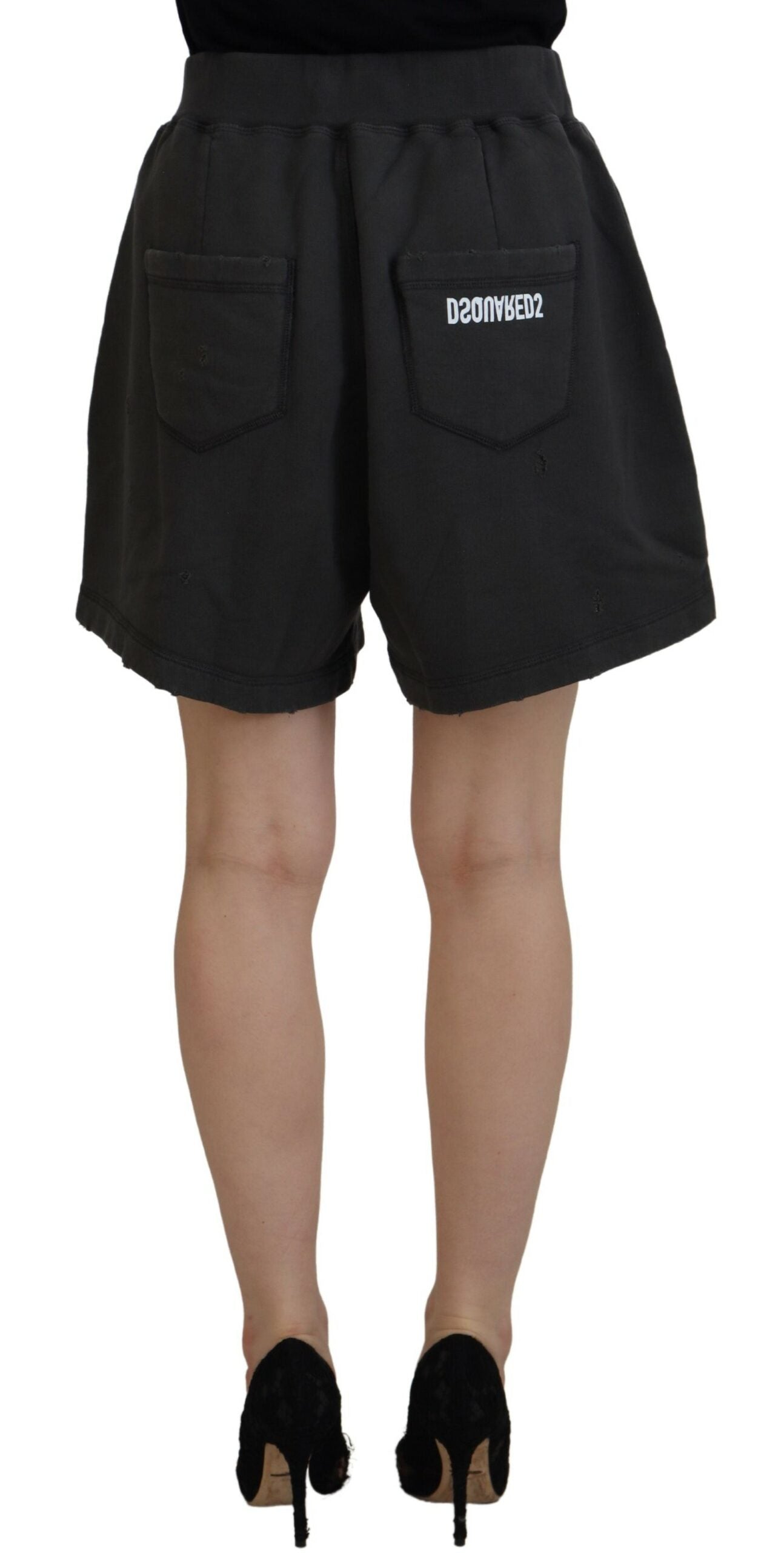 Black Cotton Mid Waist Tattered Tapered Shorts