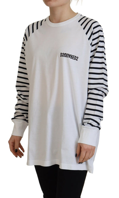 White Cotton Striped Crew Neck Short Sleeve Sweater