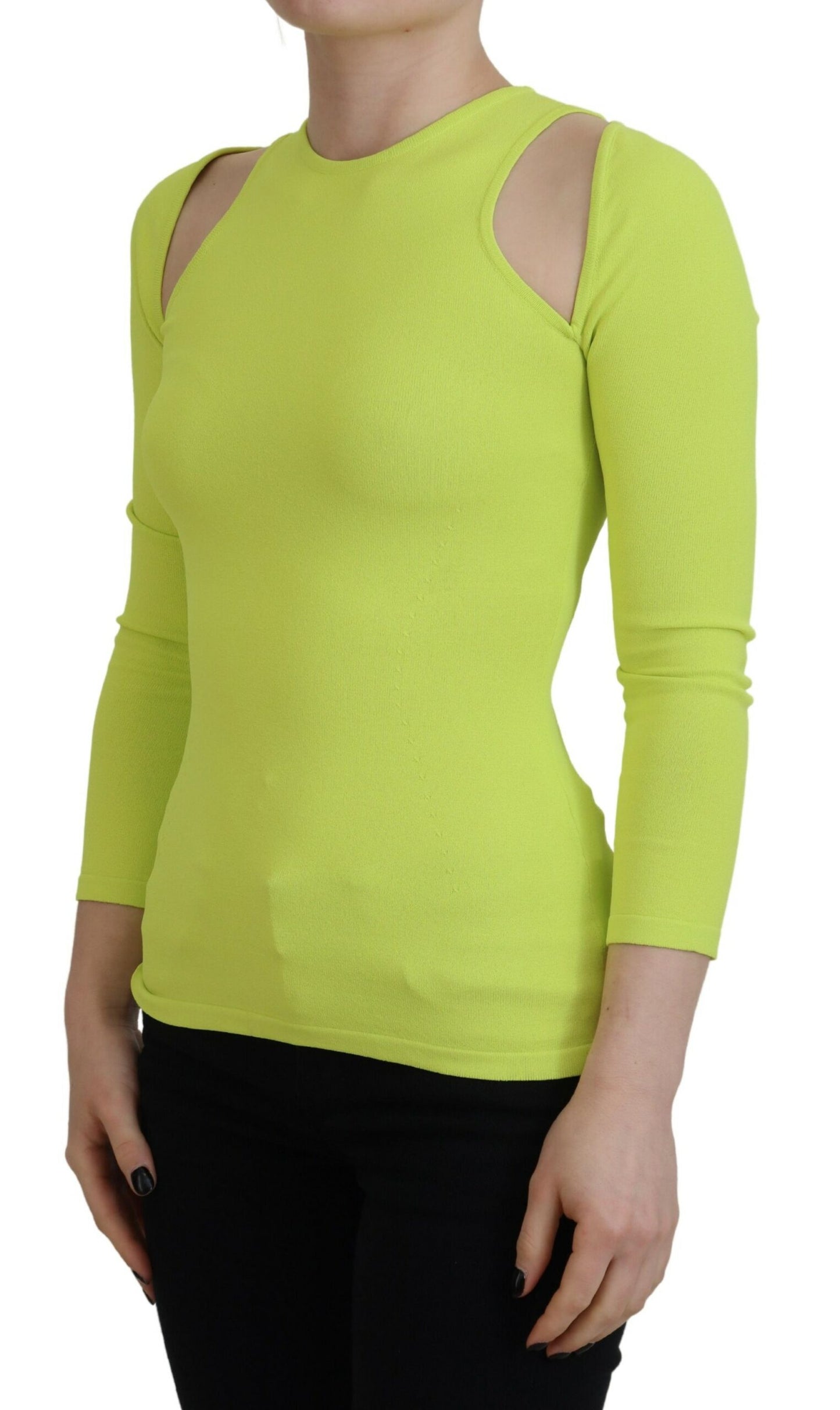 Yellow Green Viscose Open Shoulder Long Sleeves Top