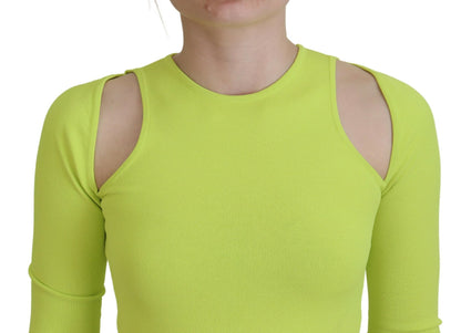 Yellow Green Viscose Open Shoulder Long Sleeves Top