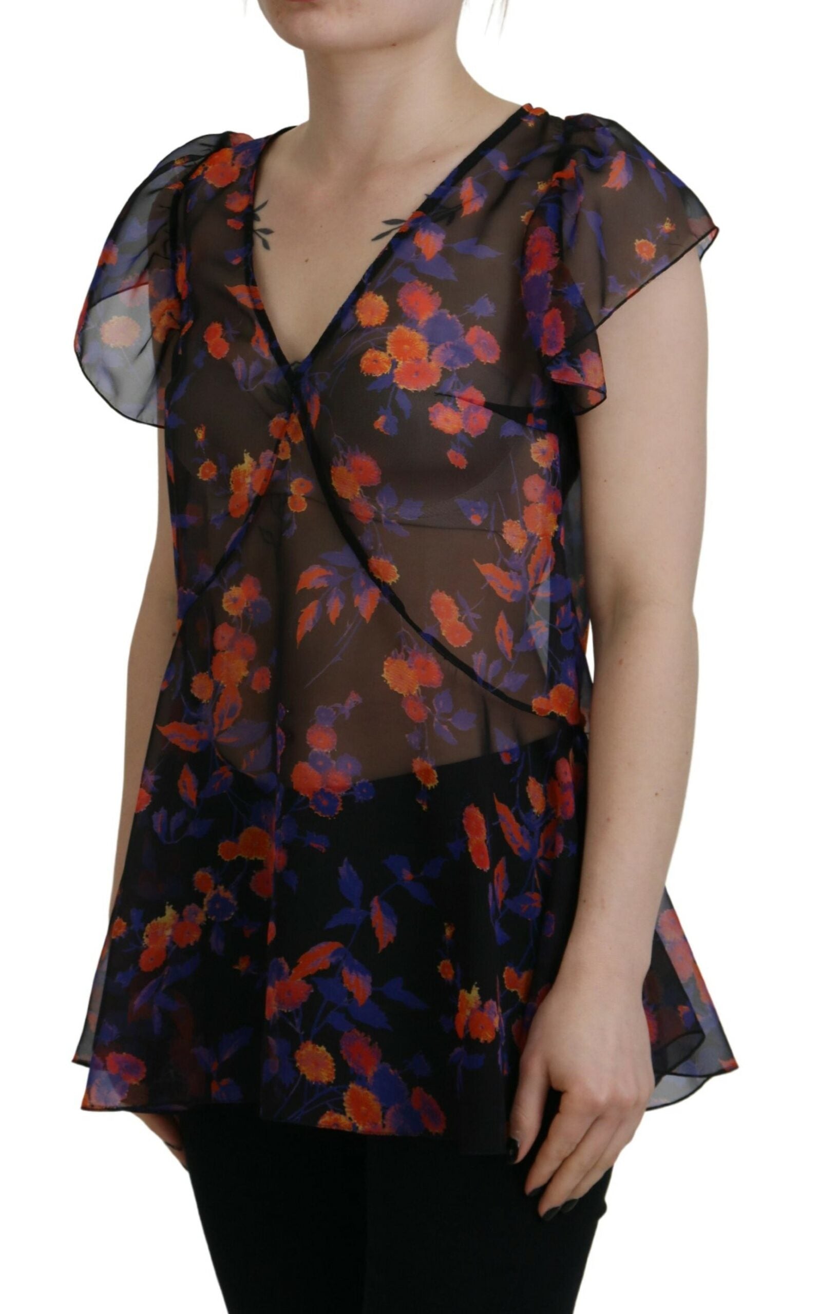 Black Floral Print Short Sleeves V-neck Blouse Top