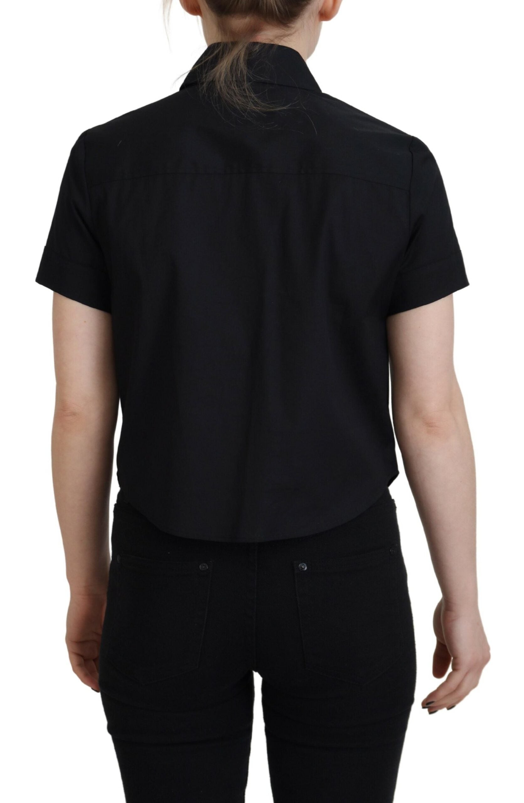 Black Collared Button Down Short Sleeves Polo Top