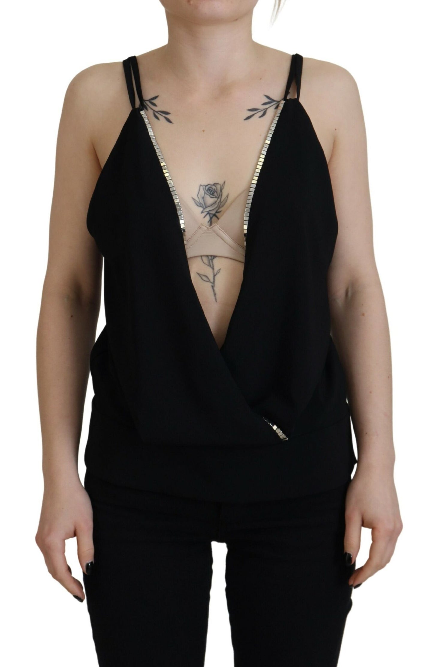 Black Embellished Deep V-neck Sleeveless Tank Top