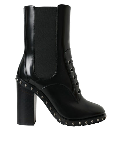 Black Leather Studded Lace Up Boots Shoes