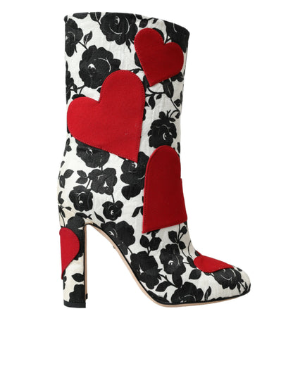 White Floral Hearts Leather High Boots Shoes