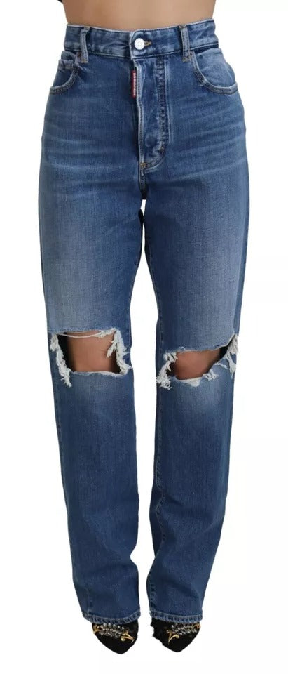 Blaue, gerade geschnittene Jeans aus Distressed-Denim mit hoher Taille