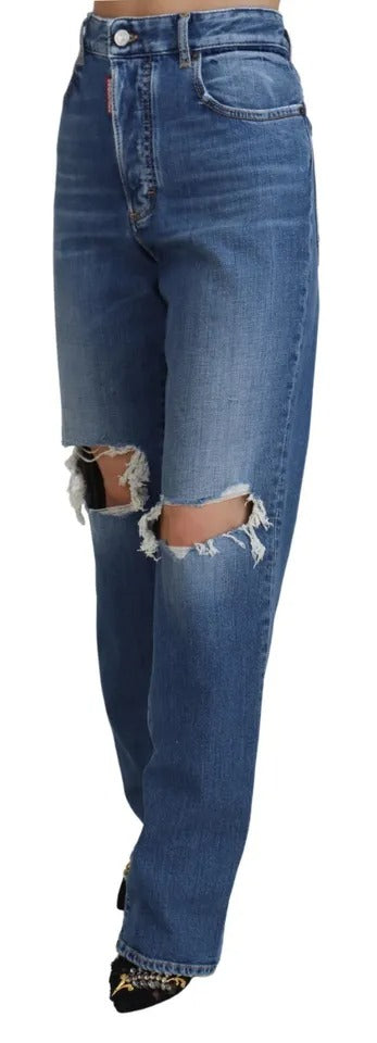 Blaue, gerade geschnittene Jeans aus Distressed-Denim mit hoher Taille