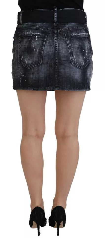 Black Distressed Mid Waist A-line Denim Mini Skirt