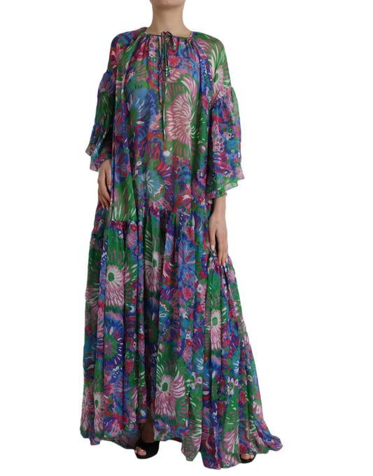 Mehrfarbiges Maxi-Kaftan-Kleid aus Seide mit Blumenmuster