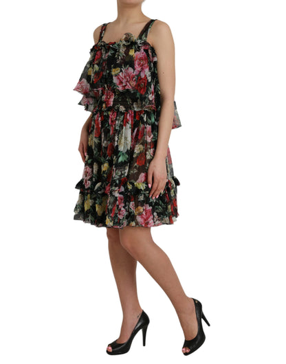 Black Floral Silk A-line Sleeveless Dress