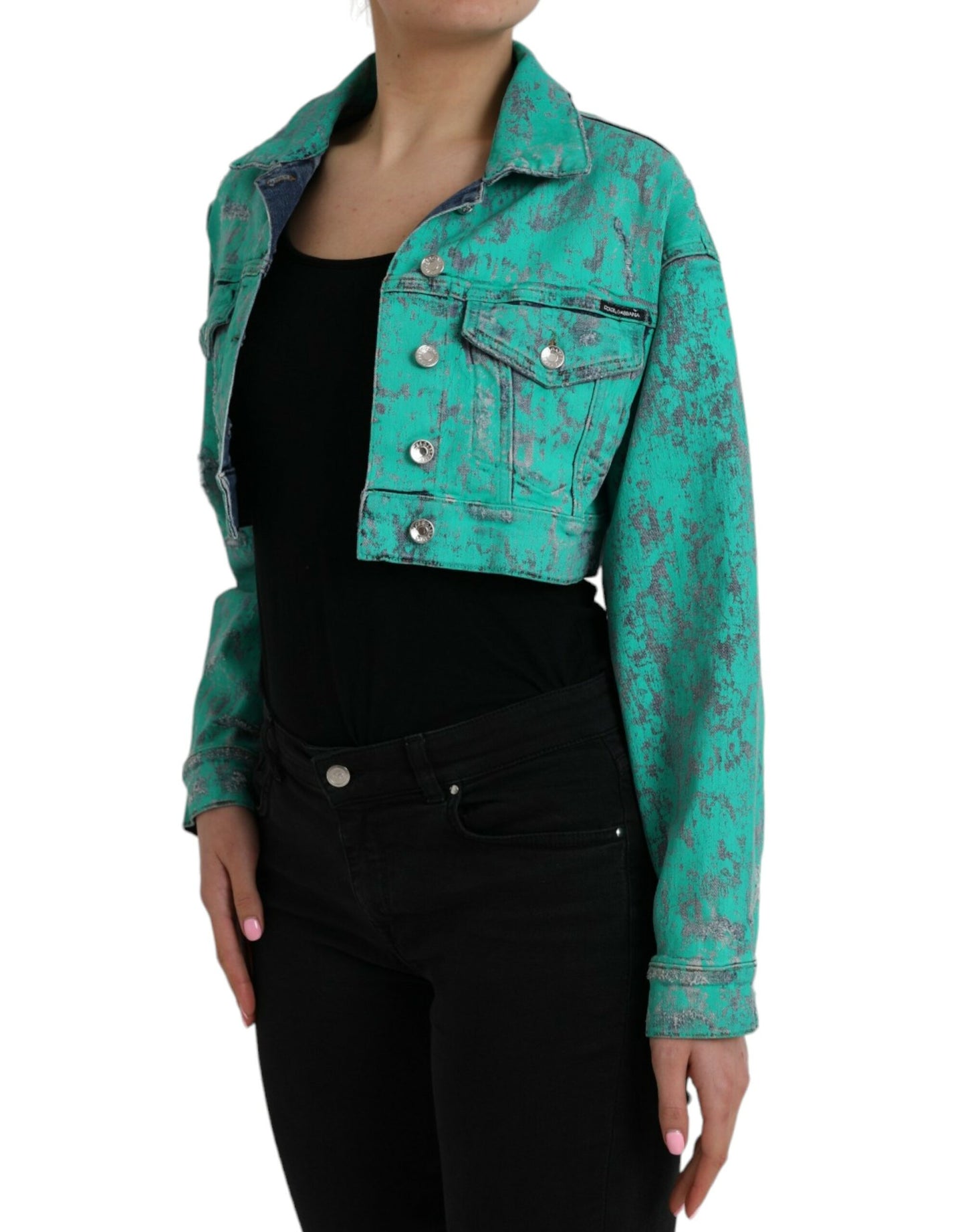 Grüne, verkürzte Jeansjacke aus Baumwolle mit Batikmuster