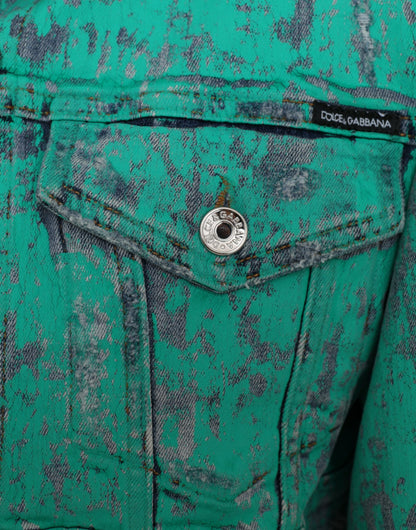 Grüne, verkürzte Jeansjacke aus Baumwolle mit Batikmuster