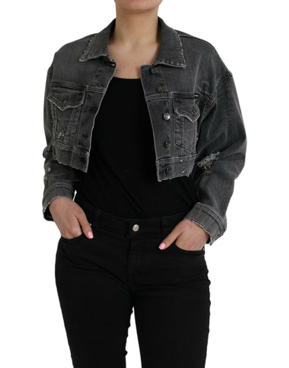 Kurze Jeansjacke aus Baumwollstretch in Dunkelgrau