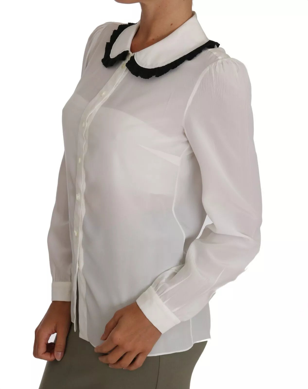 Blusa de cuello redondo con volantes y camisa de seda blanca